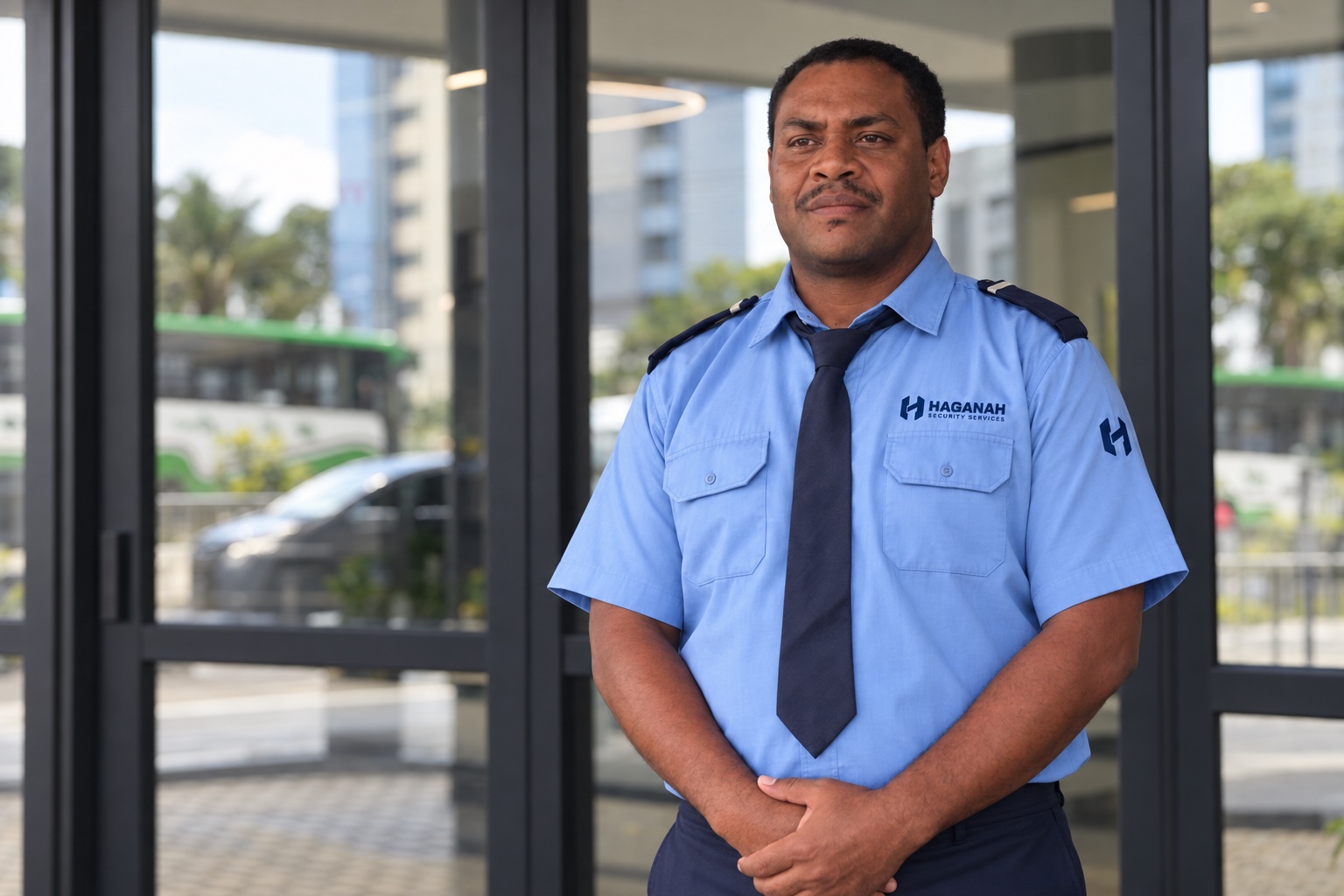Security guard at a glass entrance